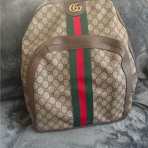 Gucci Beige Monogram Backpack with Red and Green Stripe